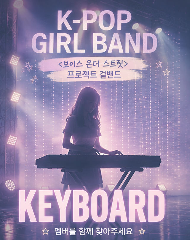 K팝 오디션 제작을 위한 걸밴드(키보드, 드럼, 베이스) 모집